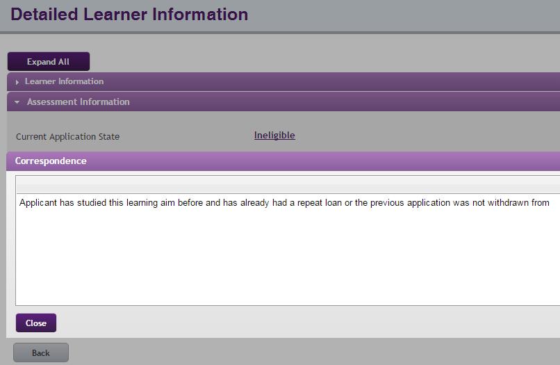 Detailed Learner Information Ineligible Pop Up Click the application state