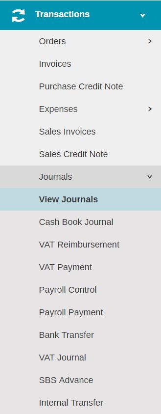 c VAT Reimbursement To create Journals click on Transactions, Journals