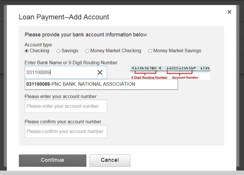 Loan Pay Guide 3 The Loan Payment - Add Account set-up box appears. Select the Account Type of the bank account you will be transferring your loan payment from.
