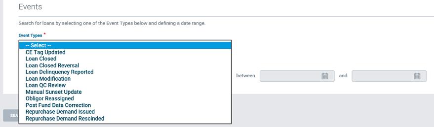 After you select the Event Types, the date fields may be temporarily disabled while Loan Coverage refreshes the page.