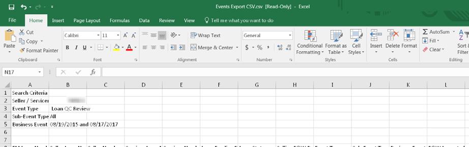 csv file displaying the columns of results that are reflected on the search results generated based on selected criteria.