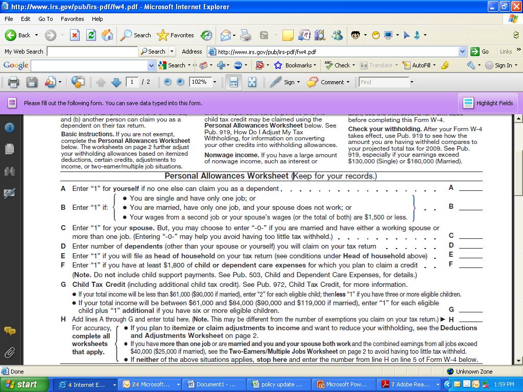 Screenshot of the worksheet top of W-4