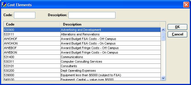 3. Click t select a salary cst element and click OK. The COST ELEMENTS windw clses and fcus returns t the PERIOD 1 tab, and the selected cst element is entered in the line item.