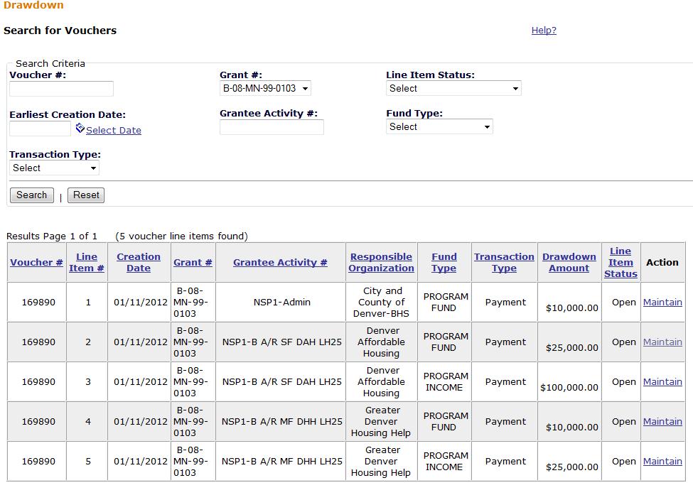 Figure 5-17: Search for Vouchers screen with search results Note: Voucher Line Items are grouped according to their status and are listed in the following hierarchy: a. Approved voucher line items b.
