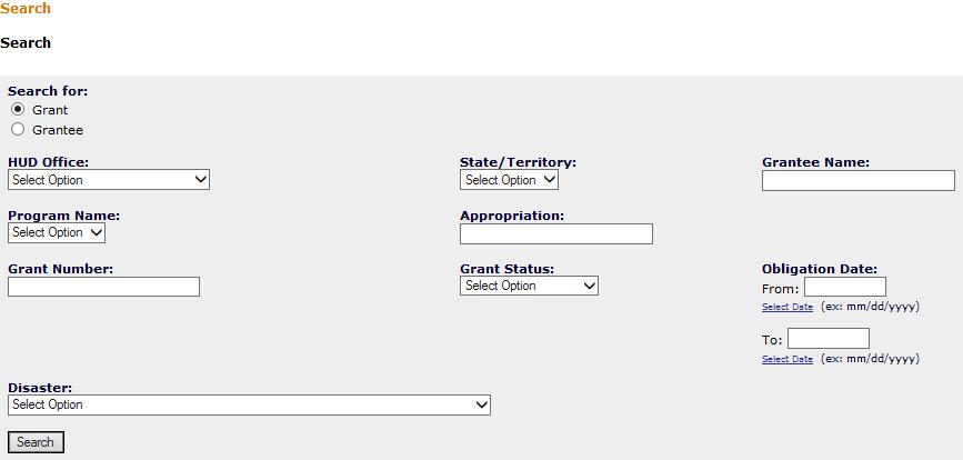 Figure 5-53: View All Grants screen 2. Click the <Search> link under Grants in the left column navigation box. The Search screen is displayed (Figure 5-54).