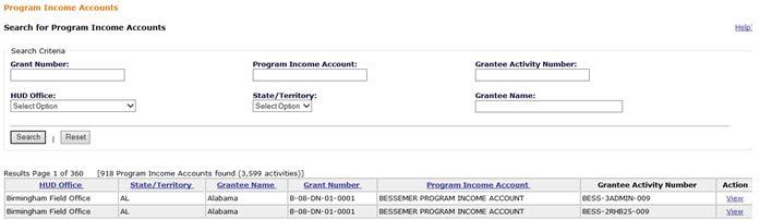 Figure 5-66: Search for Program Income Accounts screen 3.