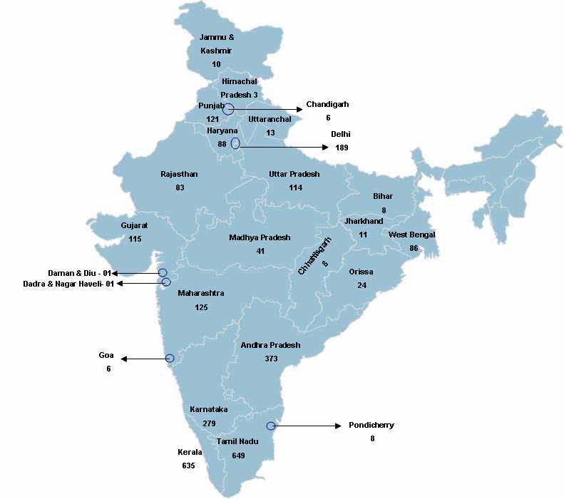 A diagrammatic representation of the branch network across India, as of June 30, 2011 is as set out below: In addition to our branches, we have more than 1,174 customer relation executives in charge