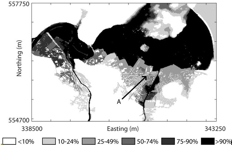 Figure CS1.3. Probabilistic inundation map showing regions of inundation at specific levels of exceedance probability. An alternative to the static map types shown in Figure CS1.