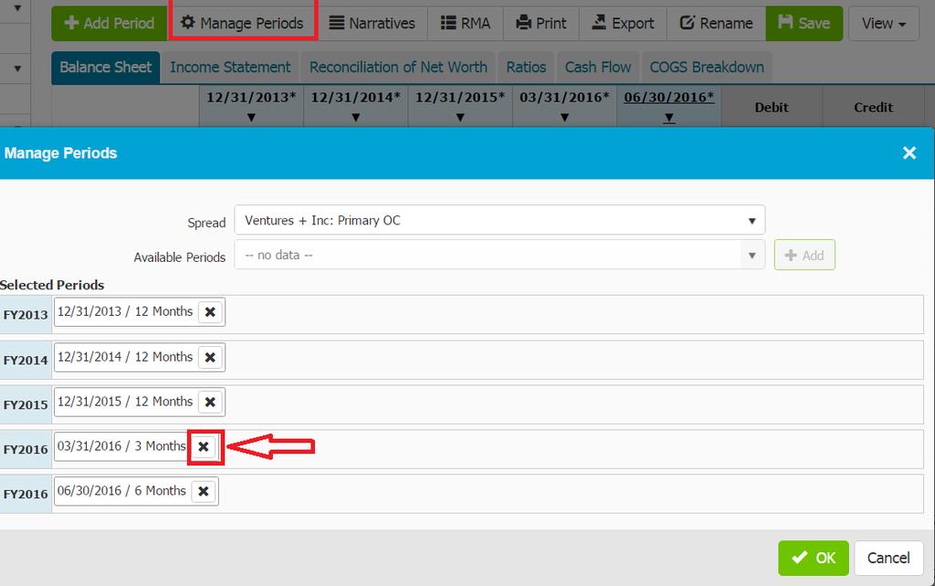 In the example below, assuming you received a current interim to spread and you do not want to view the 03/31/2016 on the interface, click on Manage Periods to Hide the period from view.