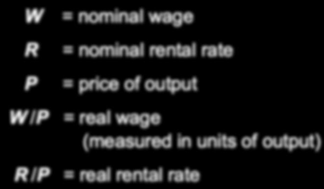The distribution of national income determined by factor prices, the prices per unit that firms pay for the factors of production wage price of L rental rate price of K Notation W R P nominal wage