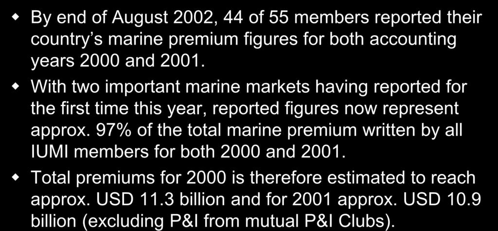 Report on marine insurance premiums 2000 and 2001 By end of August 2002, 44 of 55 members reported their country s marine premium figures for both accounting years 2000 and 2001.