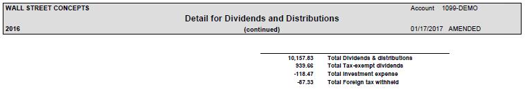 The Tax Statement s Detail for Dividends and Distributions breaks down dividends and distributions by payment, then totals them.
