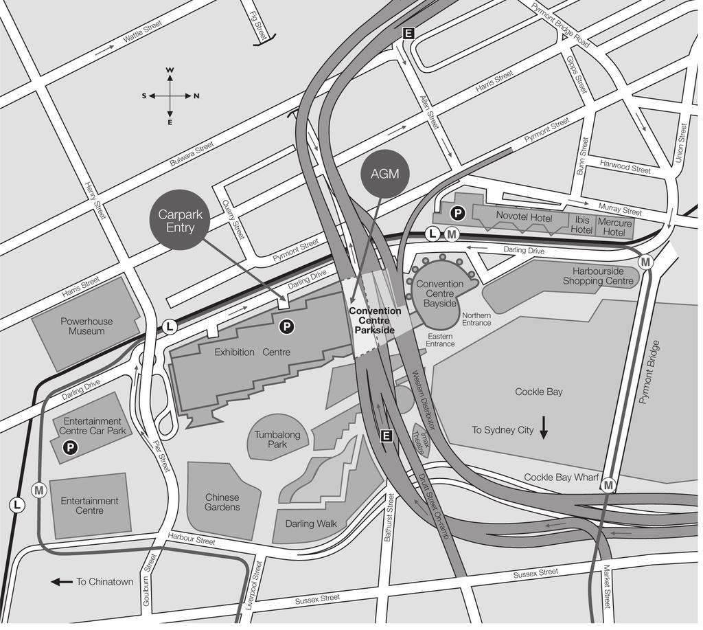 agm location map key Parking Freeway Exit Suggested Travel Route Metro Monorail Stop Metro Lightrail Stop parkside auditorium Level 1, Sydney Convention and Exhibition Centre Darling Drive,