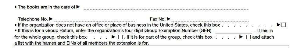 The next section of Form 8868 just wants more information about who is asking for the extension.