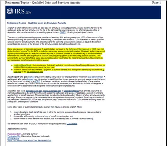 QUALIFIED JOINT & SURVIVOR ANNUITY IRS Private Letter Ruling, September 2010 Issued in response to request for ruling concerning the effects under 401(a)(11) & 401(a)(17) of adding an in-plan