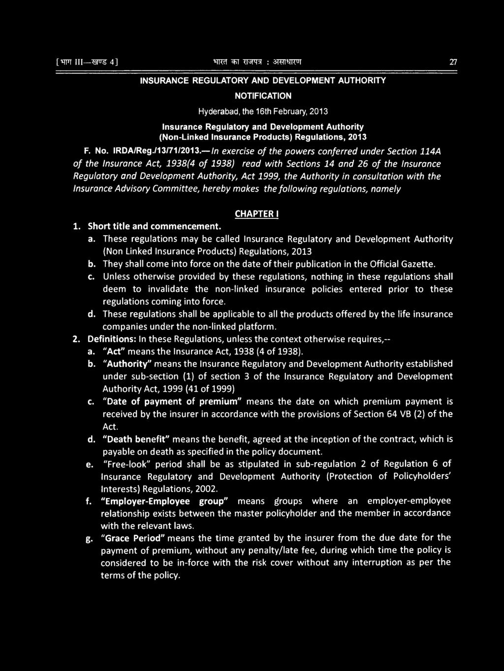 Products) Regulations, 2013 F. No. IRDA/Reg./13/71/2013.
