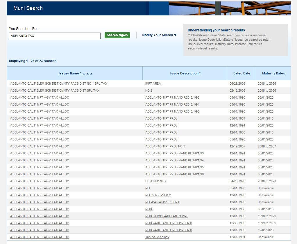 To use the Muni Search function located at the top right of the screen, enter the name of the bond issuer and/or a description of the issue. A sample search is shown below.