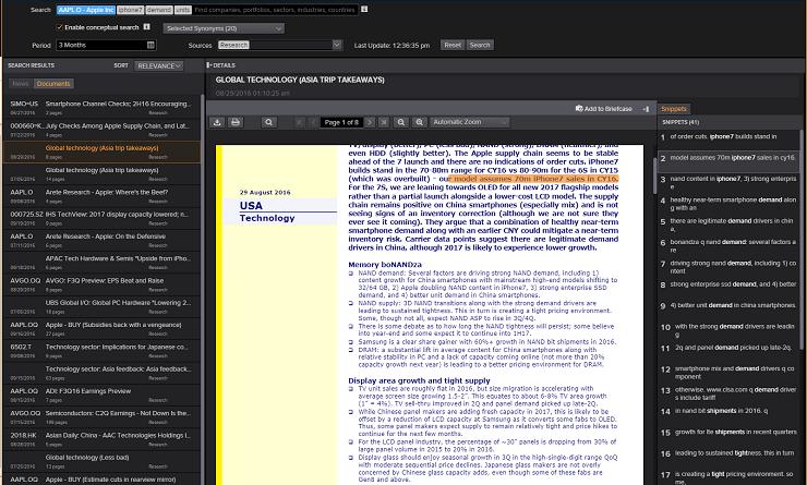 In Thomson Reuters Eikon you can: Find research quickly using a host of search parameters, including company, portfolio, industry, broker, analyst, country, region, keywords, page count, and more