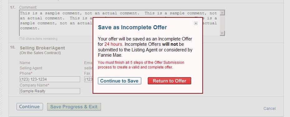 Click Return to Offer to return to the offer for completion, or click Continue to Save to proceed with saving the offer.