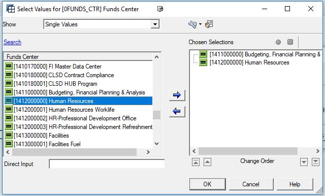 You can select multiple fund centers by highlighting and then clicking the right arrow button to move them