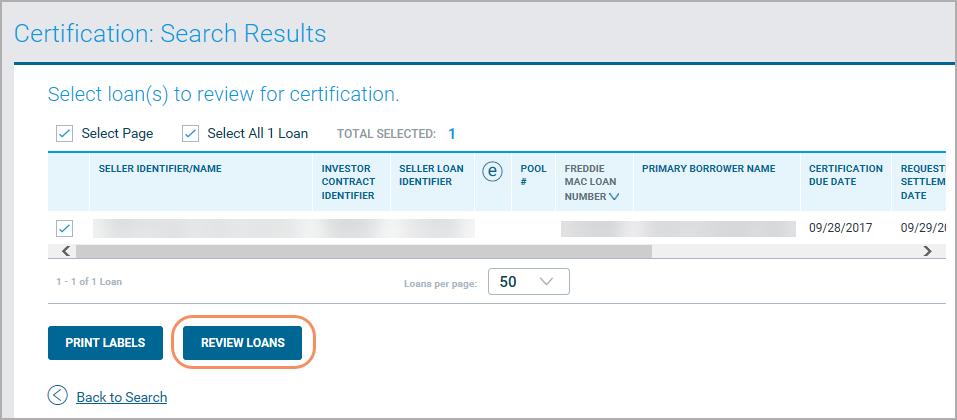 You may choose individual or multiple loans to certify by using the Select Page or Select All Loans options located at the top of the page.