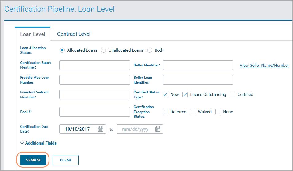 2. Select the type of search you want to complete: Loan Level or Contract Level. 3. Enter your search criteria in the applicable section.