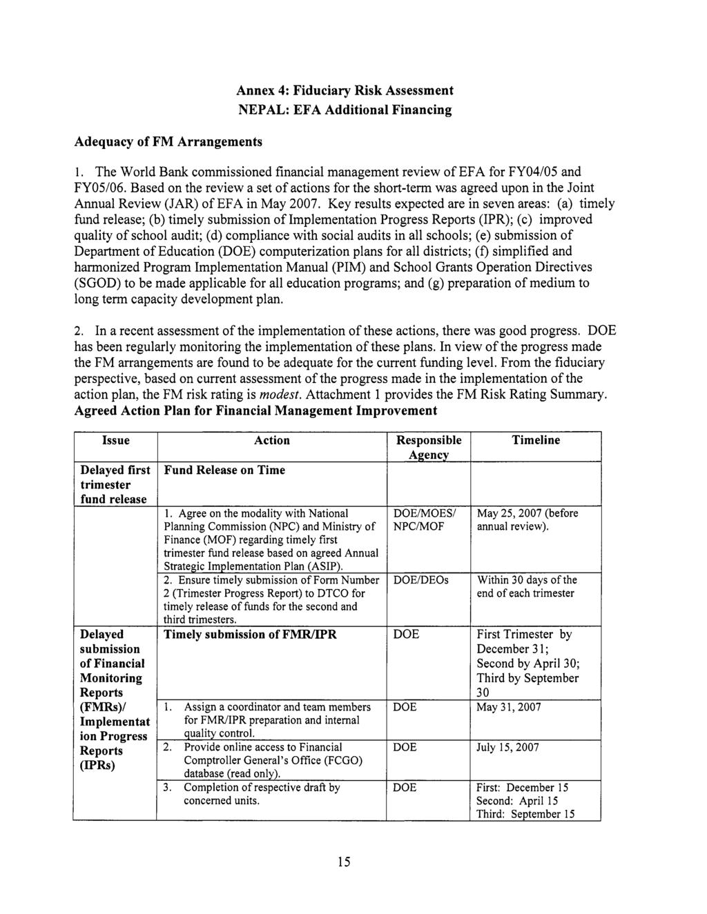 Adequacy of FM Arrangements Annex 4: Fiduciary Risk Assessment NEPAL: EFA Additional Financing 1. The World Bank commissioned financial management review of EFA for FY04/05 and FY05/06.