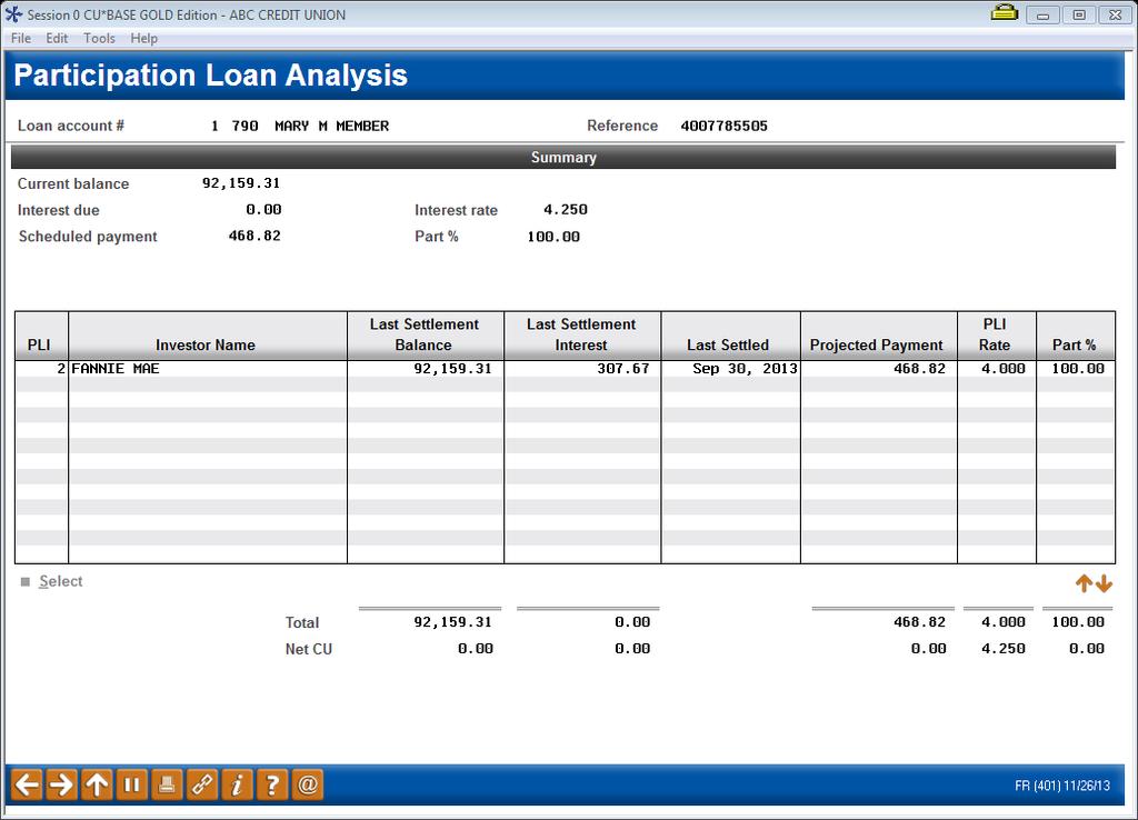 PARTICIPATION LOAN ACCOUNT ANALYSIS Acct Analysis (F15) This screen displays when you use Account Analysis (F15), either from the initial Participation Loan Inquiry/Update screen (when a single loan