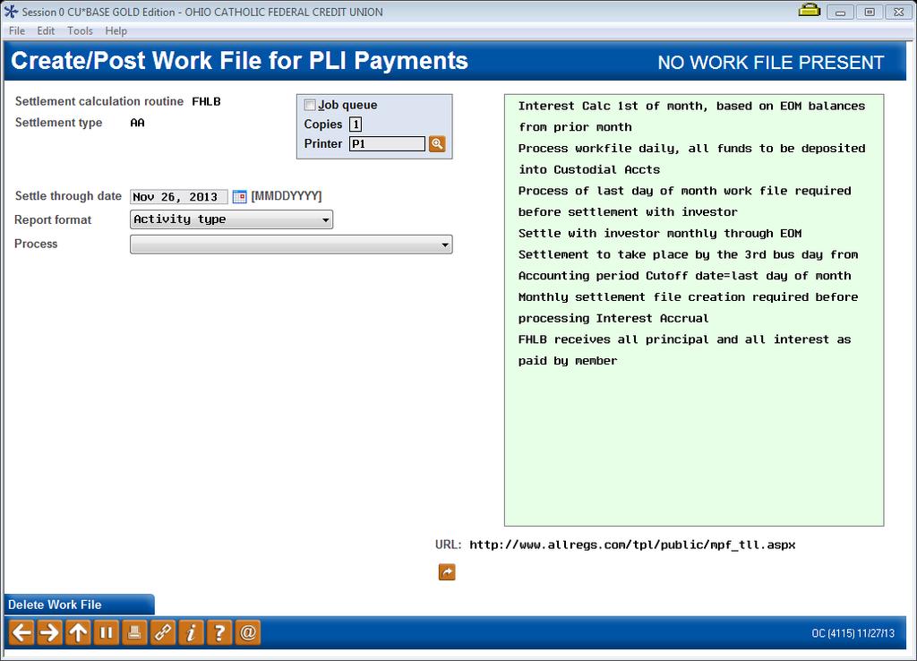 This is the second screen used to create, work, or post a work file for loans in the selected Settlement calculation routine, Settlement type, and Company code (if applicable).