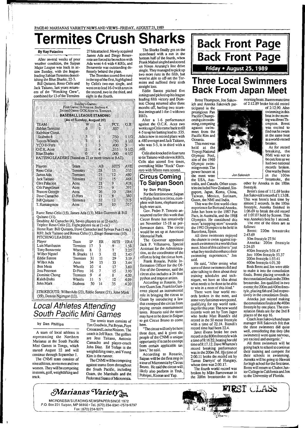 PAGE 40 MARIANAS VARIETY NEWS AND VIEW S-FRIDAY, AUGUST 25,1989 Termites Crush Sharks By R ay P a la c io s After several weeks o f poor weather condition, the Saipan Major League was back in action