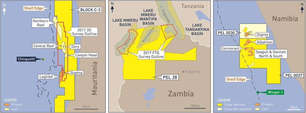 AFRICA: HIGH-IMPACT LEADS AND PROSPECTS Mauritania: exploration focus shifted to low-cost shelf-edge oil plays, 3D seismic acquired in 2017 Zambia: extension of East African Rift Basin Play; High