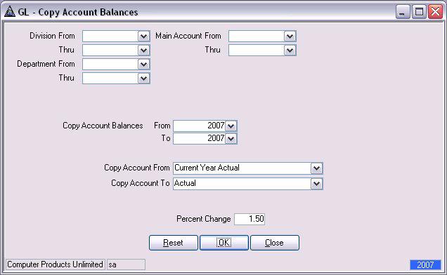 2. The Copy Account Balances screen appears. Copy Account Balances Screen 3. Each defined segment is represented by a pair of From/Thru combo boxes at the top of the screen.