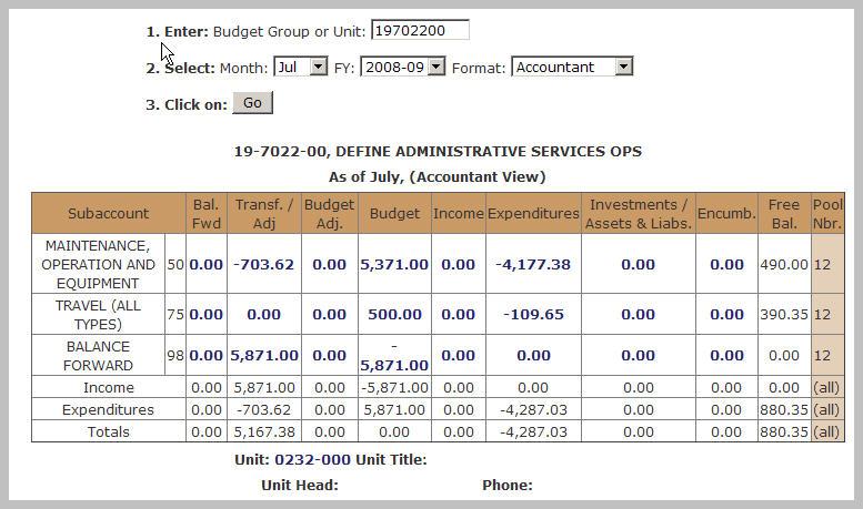 In the Budget Group or Unit box, type the 8-digit Budget Group or a 7-digit Unit code. Do not include spaces or dashes. A Budget Group (e.g., 19023401) is the first 8-digits of an account number.