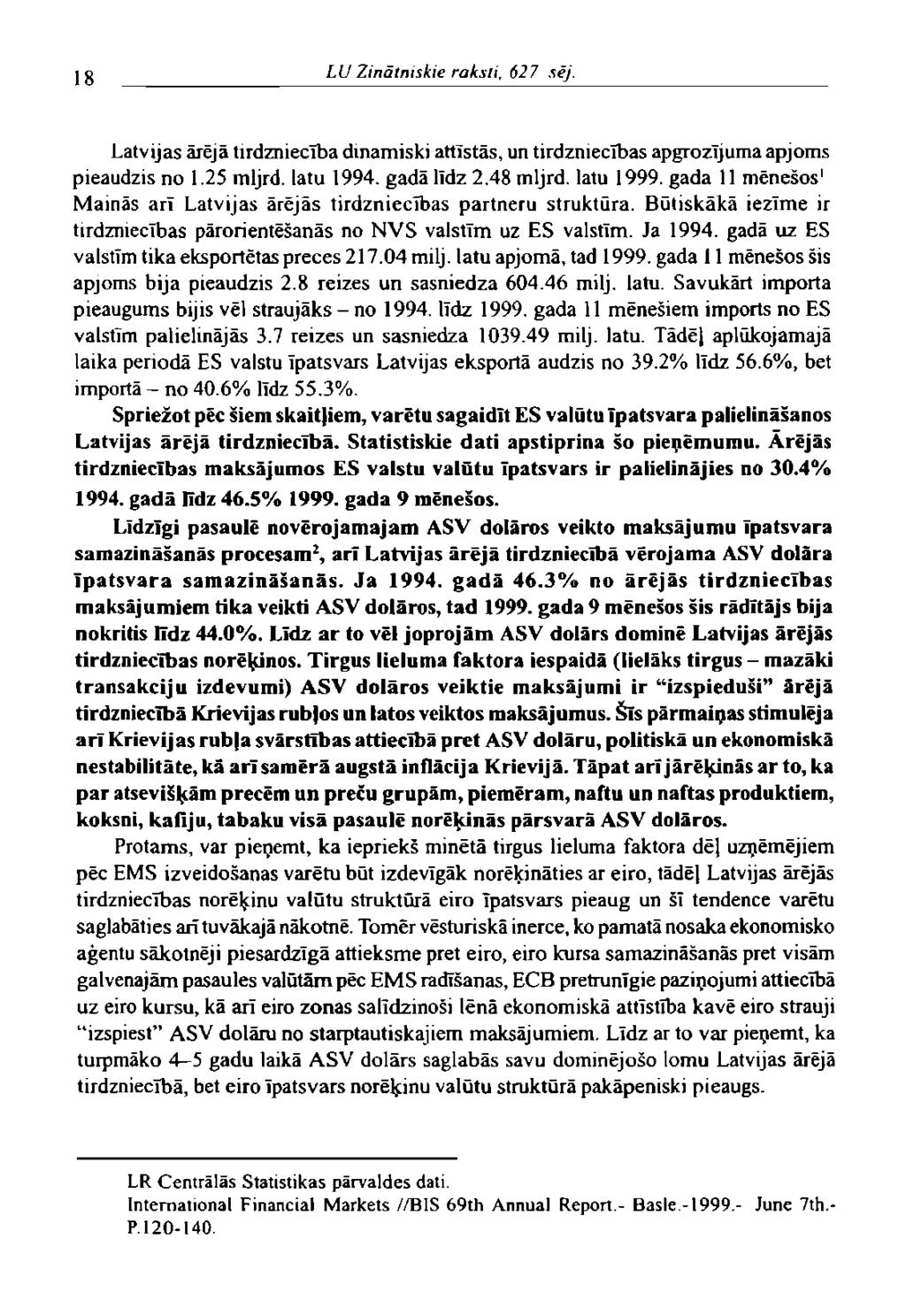 18 LU Zinātniskie raksti, 627 sēj. Latvijas ārējā tirdzniecība dinamiski attīstās, un tirdzniecības apgrozījuma apjoms pieaudzis no 1.25 mljrd. latu 1994. gadā līdz 2.48 mljrd. latu 1999.
