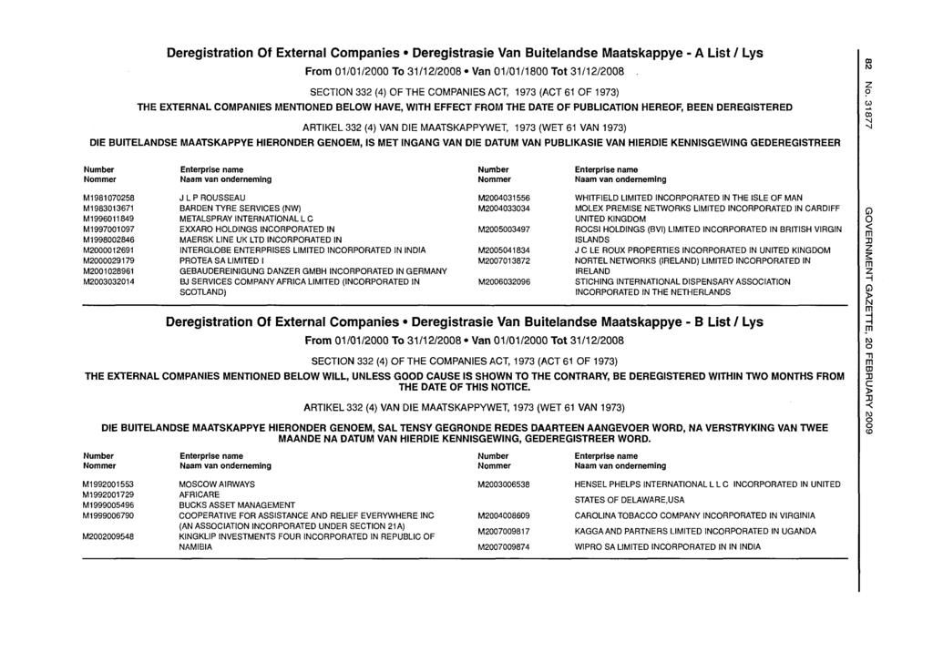 Deregistratin f External Cpanies Deregistrasie Van Buitelandse Maatskappye - A List / Lys Fr 01/01/2000 T 31/12/2008»Van 01/01/1800 Tt 31/12/2008.