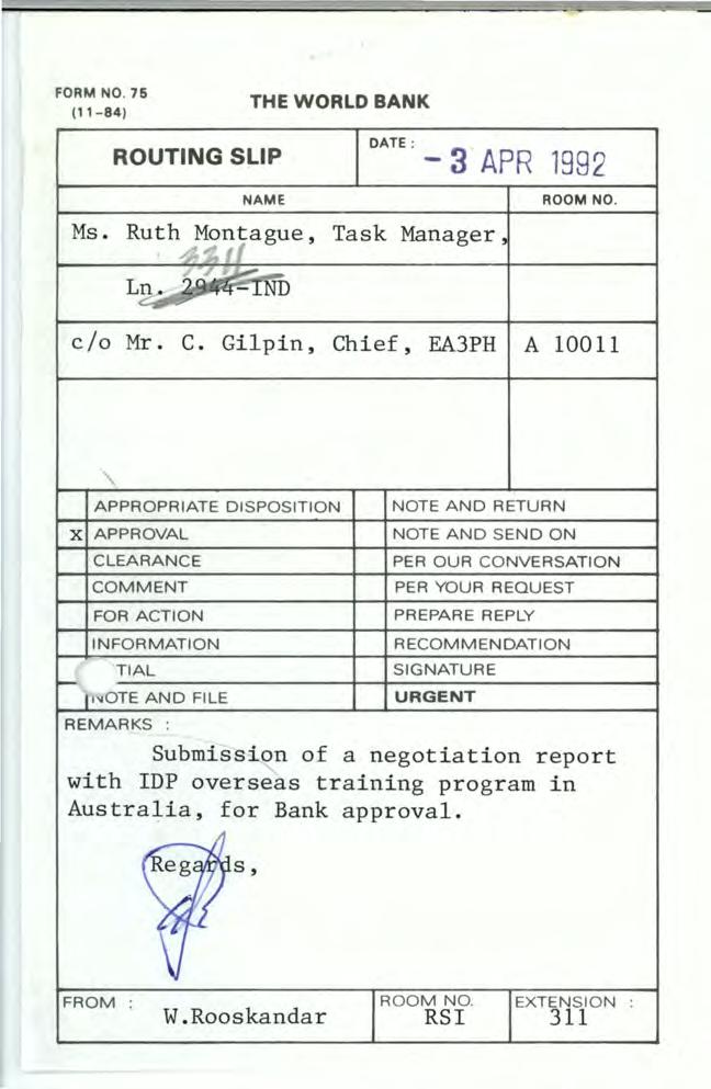 FORM NO. 76 (1 1-84) THE WORLD BANK ROUTNG SLP NAME Ms. Ruth Mo ~ l ague, /,., ~- Ln -'ND DATE : Task Manager, -3 APR 1982 ROOM NO. c/