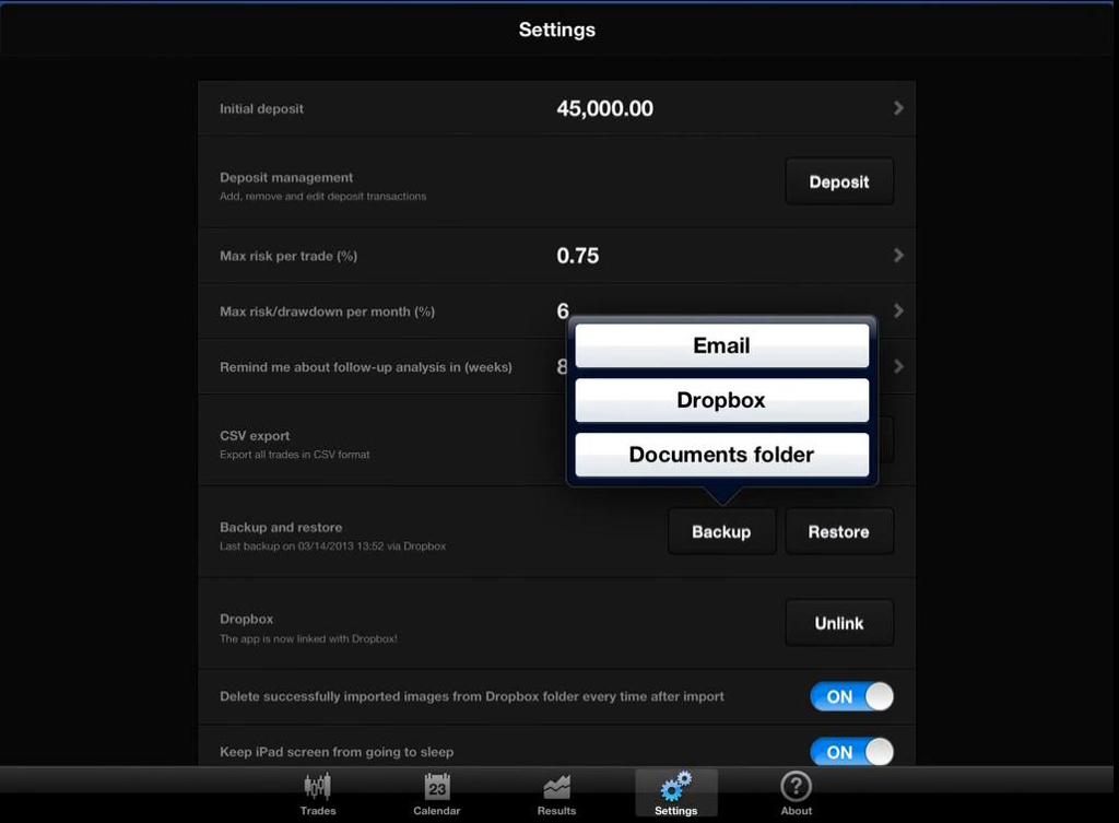 Settings In addition to the initial setup of your app, the settings tab offers several helpful options to maximize the use of Trading Diary and the ease of use for you.