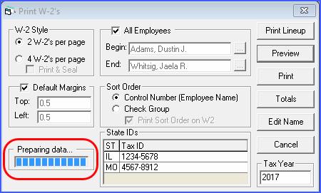 Step 6: Printing W-2 Frms Imprtant Nte: Always preview the W-2s t the screen t lad the infrmatin when first ging int W-2s fr the year and each time a change is made t the data.