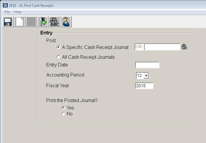 Journal # The journal id number you want to post. If a valid number is entered, the corresponding data for the remaining fields will be displayed, but can be overwritten.