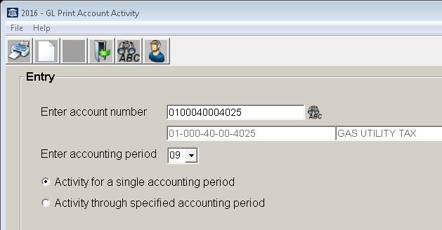 4.30 PRINT ACCOUNT ACTIVITY This report prints all activity that has occurred for a specified general ledger account number during the time period selected.