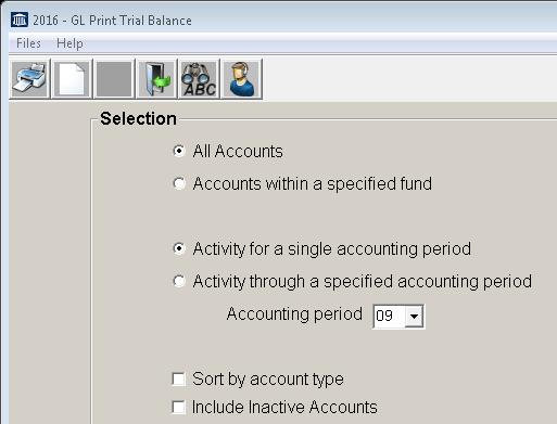 All Accounts This option prints all General Ledger account numbers defined in your chart of accounts Accounts within a specified fund This will print the report for one fund Activity for a single