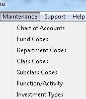 5.00 FILE MAINTENANCE MENU This menu is used to define various codes for General Ledger set up that is used in all MSI Applications.