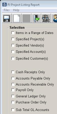 Items in a Range of Dates Prints Project detail within a specified Invoice Date range. Specified Project(s) Prints Project detail on up to 10 different projects as specified by the user.