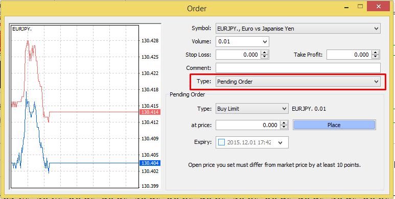 Pending Orders In order to place a pending order, open the "Order" window by any way described below: right click on the "Market Watch" window or on the "Trade" tab of the "Terminal" window and