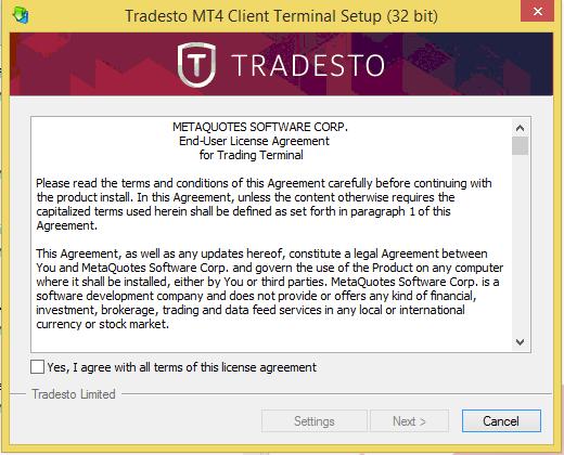 Installation Download the MetaTrader4 demo platform from the Tradesto website:- https://members.tradesto.com/tradestoco4setup.