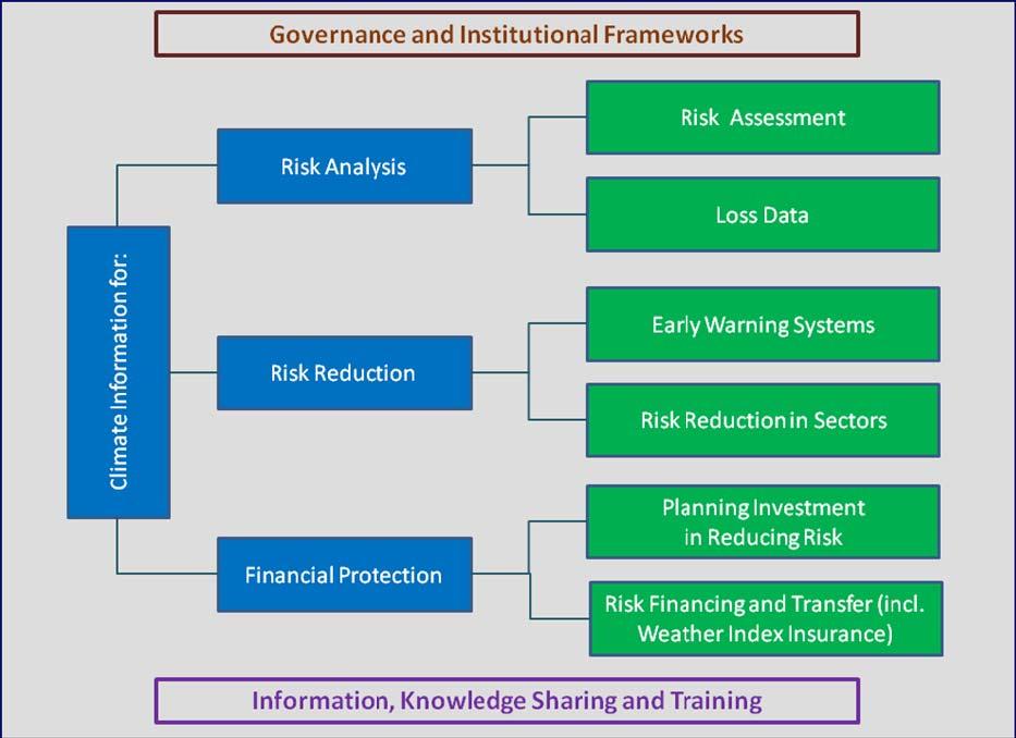 4. Risk Reduction in Sectors 5. Planning Investment in Reducing Risk 6. Risk Financing and Transfer The six priority categories are shown in the green boxes in Figure 1.1, below.