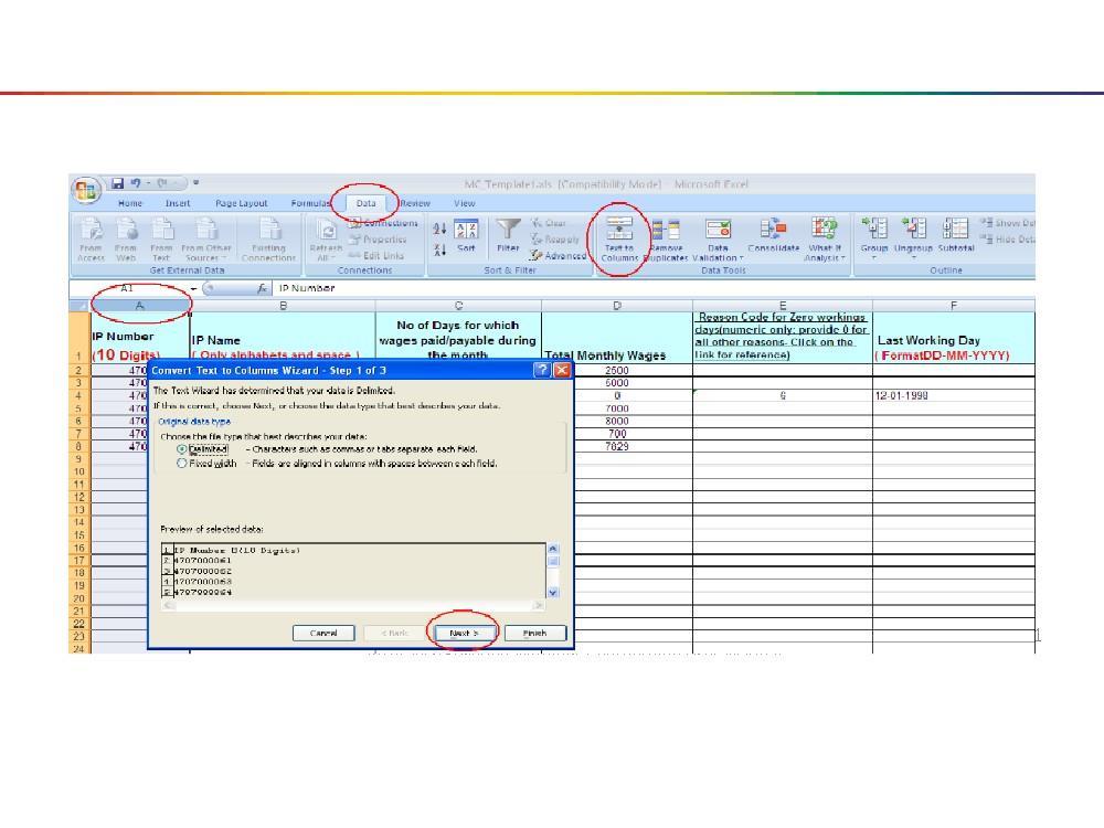 Excel preparation Tips and Troubleshooting 1) To convert all columns to text a).