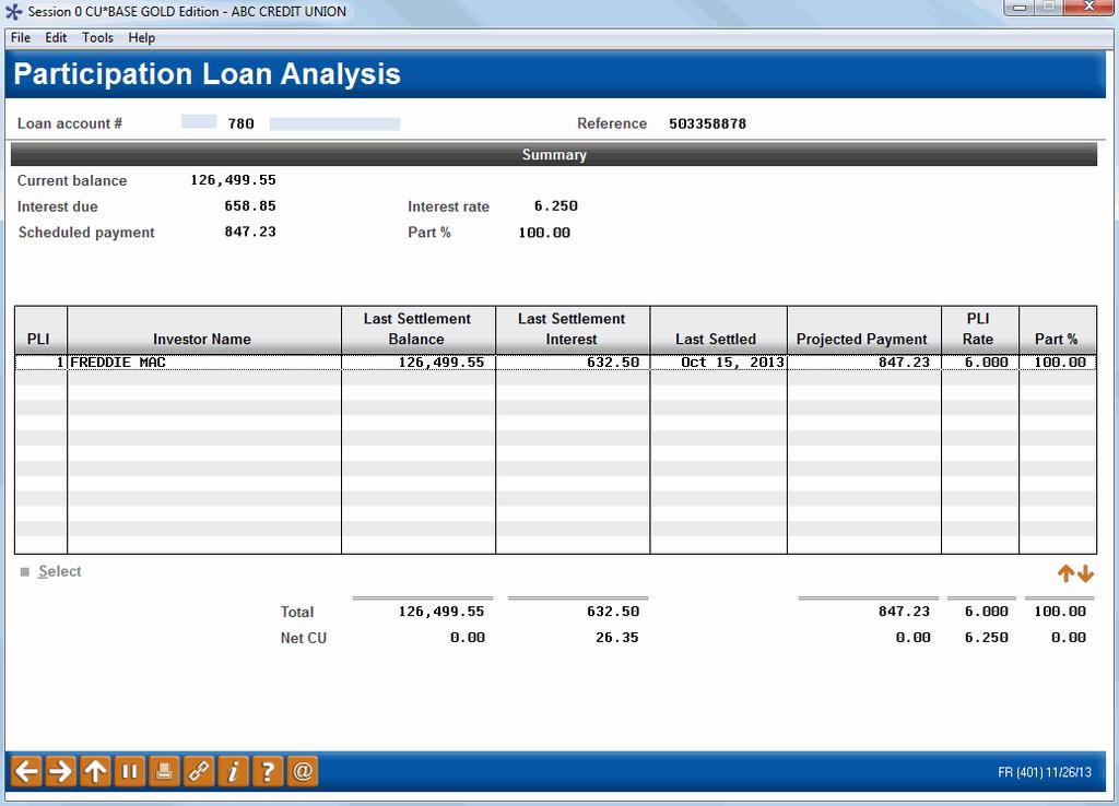 PARTICIPATION LOAN ACCOUNT ANALYSIS Account Analysis (F15) This screen displays when you use Account Analysis (F15), either from the initial Participation Loan Inquiry/Update screen (when a single