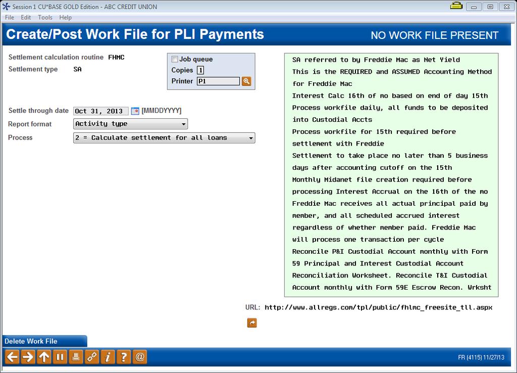 This is the second screen used to create, work, or post a work file for loans in the selected settlement calculation routine, settlement type, and company code (if applicable).