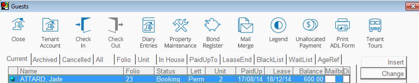 Tenant Check In To check in a Tenant, highlight their booking and click on the check in icon Tenant Check Out This can only be done if the tenant account balance is zero, the check out icon will not